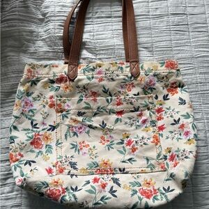 Floral Canvas Tote with Brown Straps